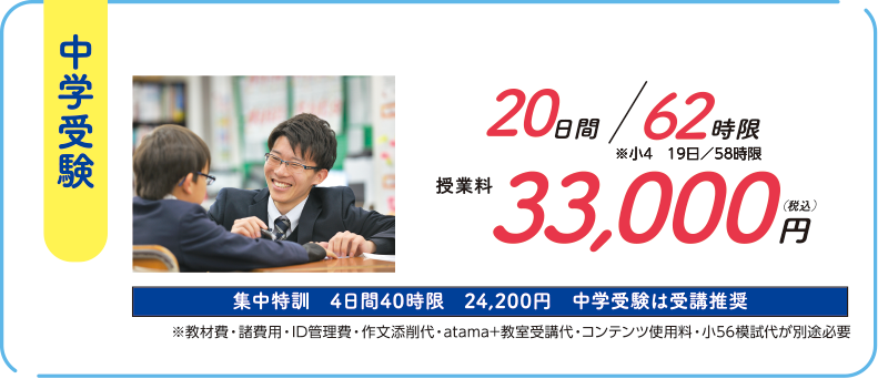 中学受験 20日間/62時限(※小4 19日/58時限) 授業料33,000円(税込)・集中特訓 4日間40時限 24,200円 中学受験は受講推奨 ※教材費・諸費用・ID管理費・作文添削代・atama+教室受講代・コンテンツ使用料・小56模試代が別途必要