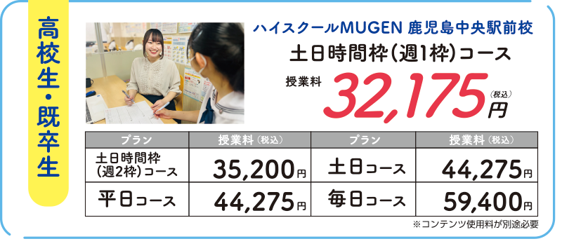 高校生・既卒生 ハイスクールMUGEN 鹿児島中央駅前校 土日時間枠(週1枠)コース 授業料32,175円(税込)・土日時間枠(週2枠)コース 授業料35,200円(税込)・土日コース 授業料44,275円(税込)・平日コース 授業料44,275円(税込)・毎日コース 授業料59,400円(税込) ※コンテンツ使用料が別途必要