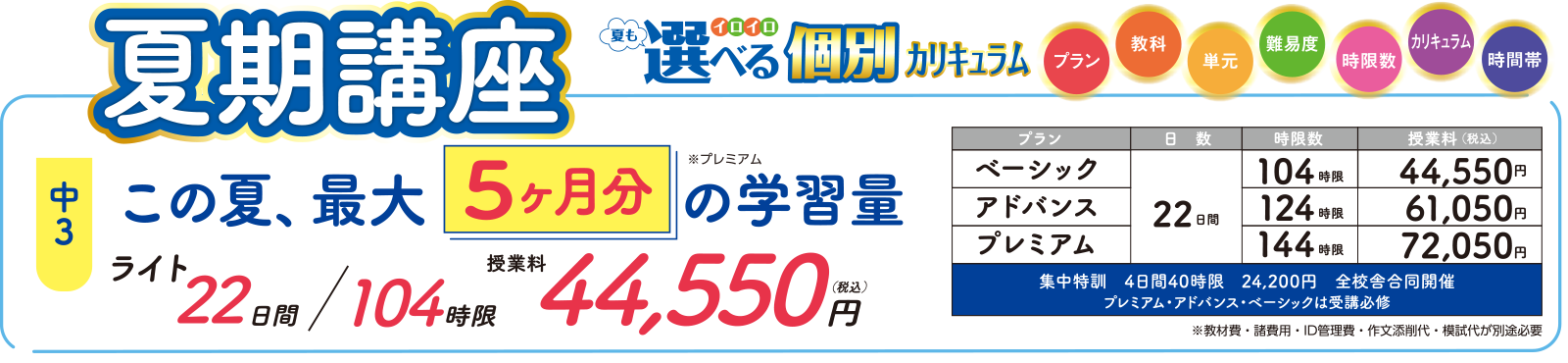 夏期講座 夏もイロイロ選べる個別カリキュラム 中3 この夏、 最大5ヶ月分の学習量※プレミアムプラン ライトプラン22日間/104時限 授業料44,550円(税込) ベーシックプラン22日間/104時限 授業料44,550円(税込)・アドバンスプラン22日間/124時限 授業料61,050円(税込)・プレミアムプラン22日間/144時限 授業料72,050円(税込)・集中特訓4日間40時限 24,200円 全校舎合同開催(プレミアム・アドバンス・ベーシックは受講必修)※教材費・諸費用・ID管理費・作文添削代・模試代が別途必要