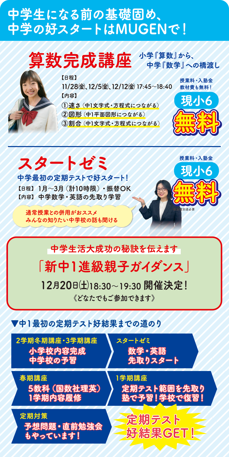 中学生になる前の基礎固め、中学の好スタートはMUGENで! 【算数完成講座】小学「算数」から中学「数学」への橋渡し 日程:11/28(金)、12/5(金)、12/12(金)17:45〜18:40 内容:①速さ(中1文字式・方程式につながる)②図形(中1平面図形につながる)③割合(中1文字式・方程式につながる) 現小6無料 授業料・入塾金・教材費も無料! 【スタートゼミ】中学最初の定期テストで好スタート! 日程:1月〜3月(計10時限)・振替OK 内容:中学数学・英語の先取り学習 ※通常授業との併用がおススメ ※みんなの知りたい中学校の話も聞ける 授業料・入塾金 現小6無料 教材費別途必要 ●中1最初の定期テスト好結果までの道のり【2学期冬期講座・3学期講座】小学校内容完成・中学校の予習→【スタートゼミ】数学・英語の先取りスタート→【春期講座】5教科(国数社理英)1学期内容履修→【1学期講座】定期テスト範囲を先取り 塾で予習!学校で復習!→【定期対策】予想問題・直前勉強会もやっています→定期テスト好結果GET! ●中学生活大成功の秘訣を伝えます「新中1進級親子ガイダンス」12月20日(土)18:30〜19:30開催決定!どなたでもご参加できます