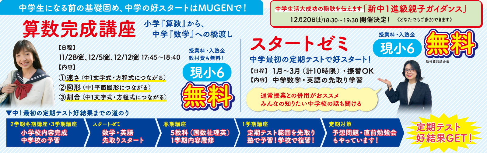 中学生になる前の基礎固め、中学の好スタートはMUGENで! 【算数完成講座】小学「算数」から中学「数学」への橋渡し 日程:11/28(金)、12/5(金)、12/12(金)17:45〜18:40 内容:①速さ(中1文字式・方程式につながる)②図形(中1平面図形につながる)③割合(中1文字式・方程式につながる) 現小6無料 授業料・入塾金・教材費も無料! 【スタートゼミ】中学最初の定期テストで好スタート! 日程:1月〜3月(計10時限)・振替OK 内容:中学数学・英語の先取り学習 ※通常授業との併用がおススメ ※みんなの知りたい中学校の話も聞ける 授業料・入塾金 現小6無料 教材費別途必要 ●中1最初の定期テスト好結果までの道のり【2学期冬期講座・3学期講座】小学校内容完成・中学校の予習→【スタートゼミ】数学・英語の先取りスタート→【春期講座】5教科(国数社理英)1学期内容履修→【1学期講座】定期テスト範囲を先取り 塾で予習!学校で復習!→【定期対策】予想問題・直前勉強会もやっています→定期テスト好結果GET! ●中学生活大成功の秘訣を伝えます「新中1進級親子ガイダンス」12月20日(土)18:30〜19:30開催決定!どなたでもご参加できます