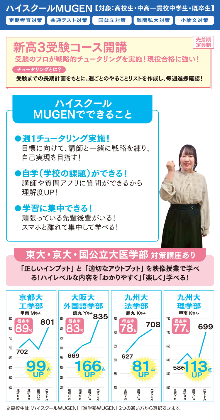 ハイスクールMUGEN 新高3受験コース開講　ハイスクールMUGENでできること　週1チュータリング実施！自学（学校の課題）ができる！学習に集中できる！　東大・京大・国公立大医学部対策講座あり　
