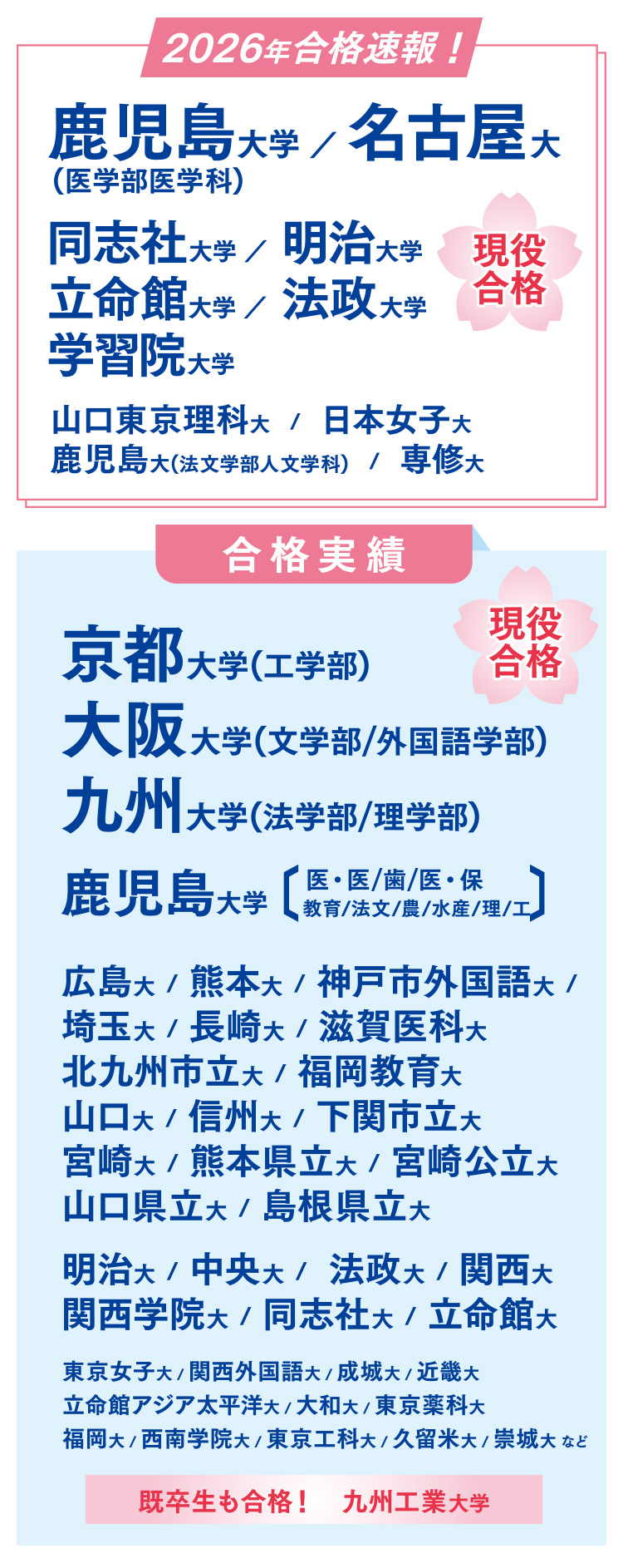 2026年合格速報！現役合格　鹿児島大学（医学部医学科）・名古屋大学・同志社大学・明治大学・立命館大学・法政大学・学習院大学・山口東京理科大学・日本女子大学・鹿児島大学（法文学部人文学科）・専修大学